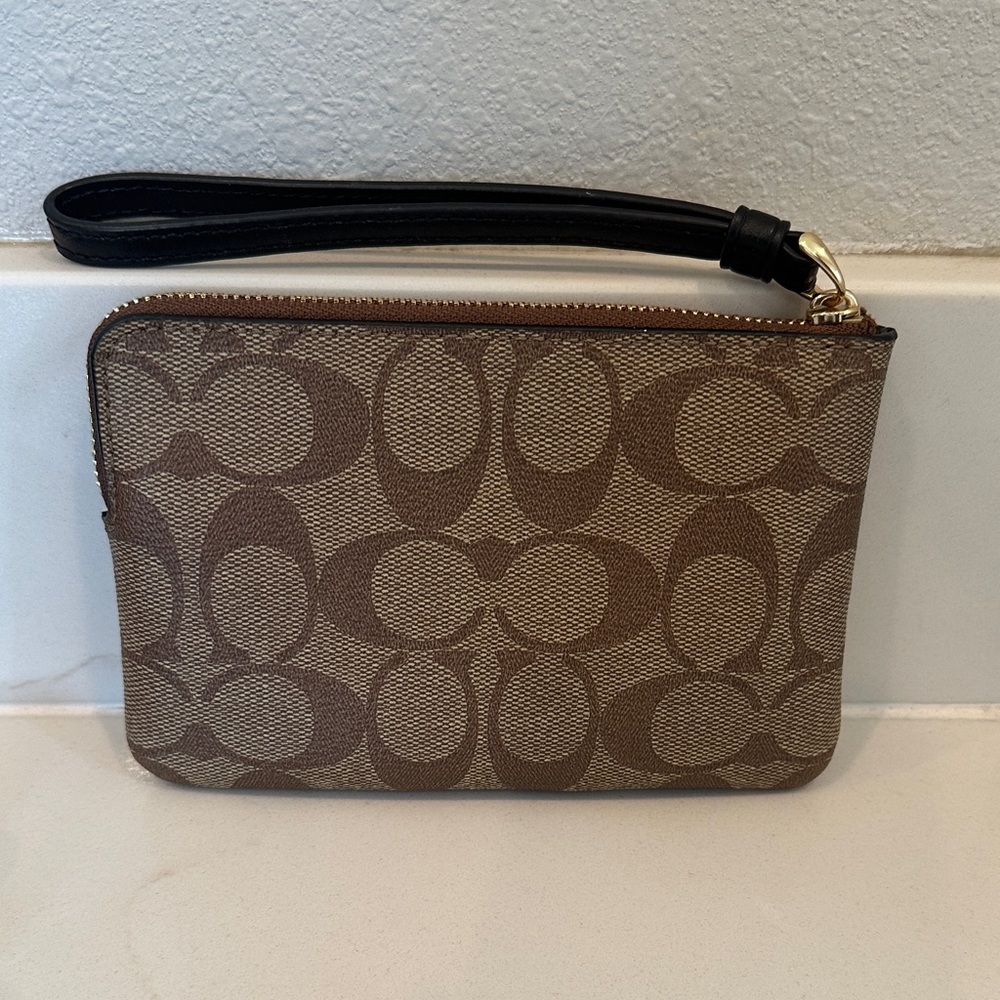 Coach Brown Signature Canvas Wristlet with Black Center Stripe - Picture 3 of 4